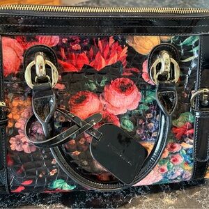 Elegant Floral Black Satchel with Gold Details